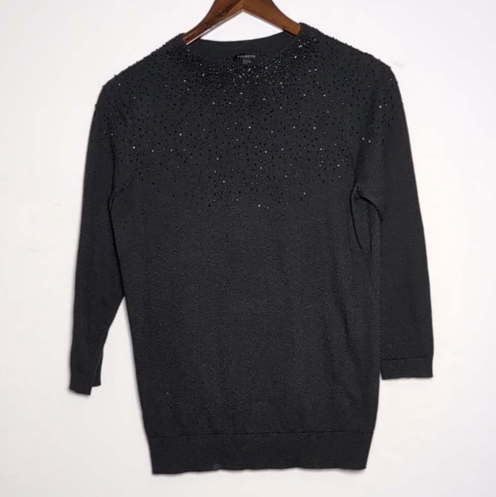 Talbots High Neck‎ Knit Butter Soft Cotton Wool Blend Small Beaded Black